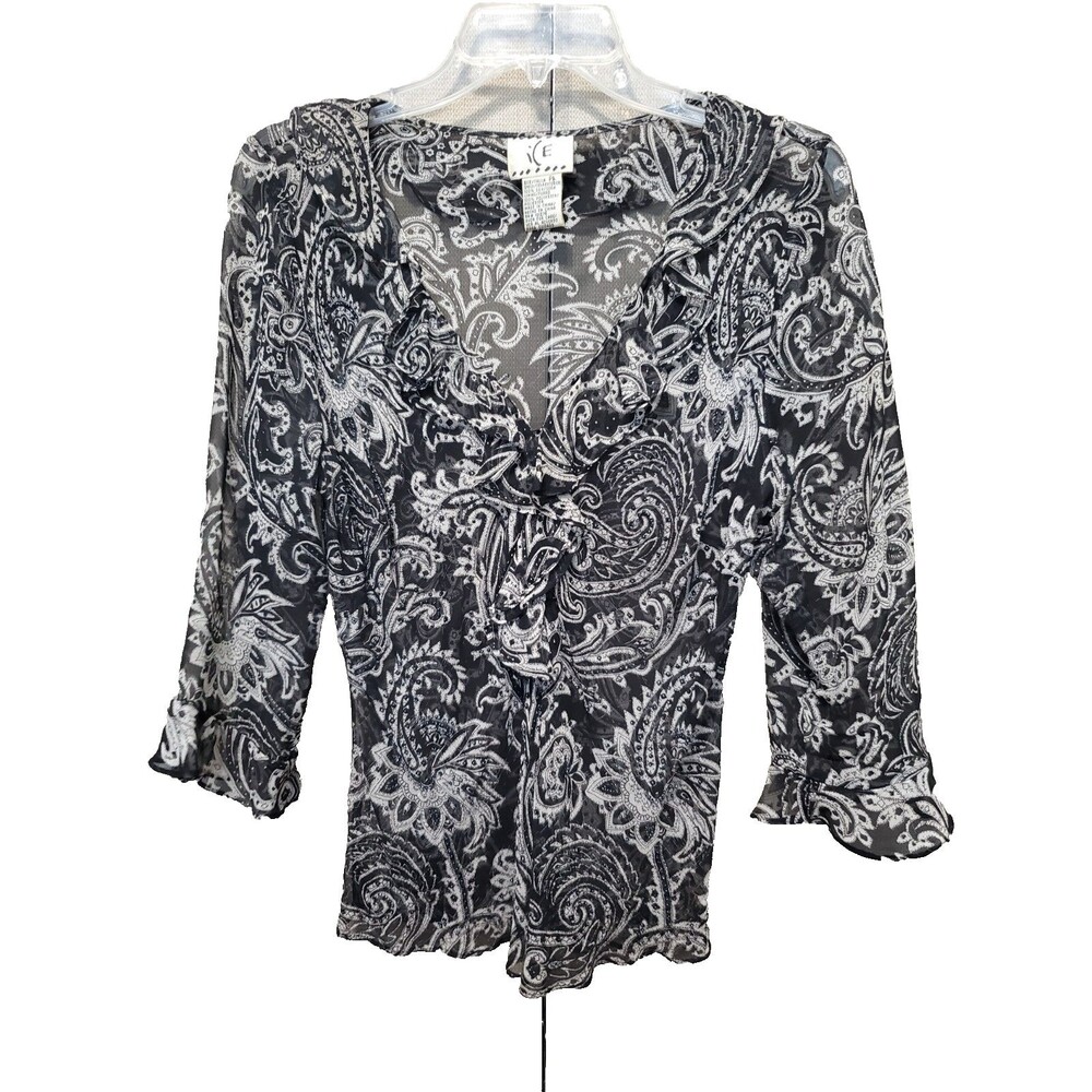 ICE Vintage Y2K Silk Black Sheer Paisley Studded Ruffle 3/4 Sleeve Blouse Sz PL